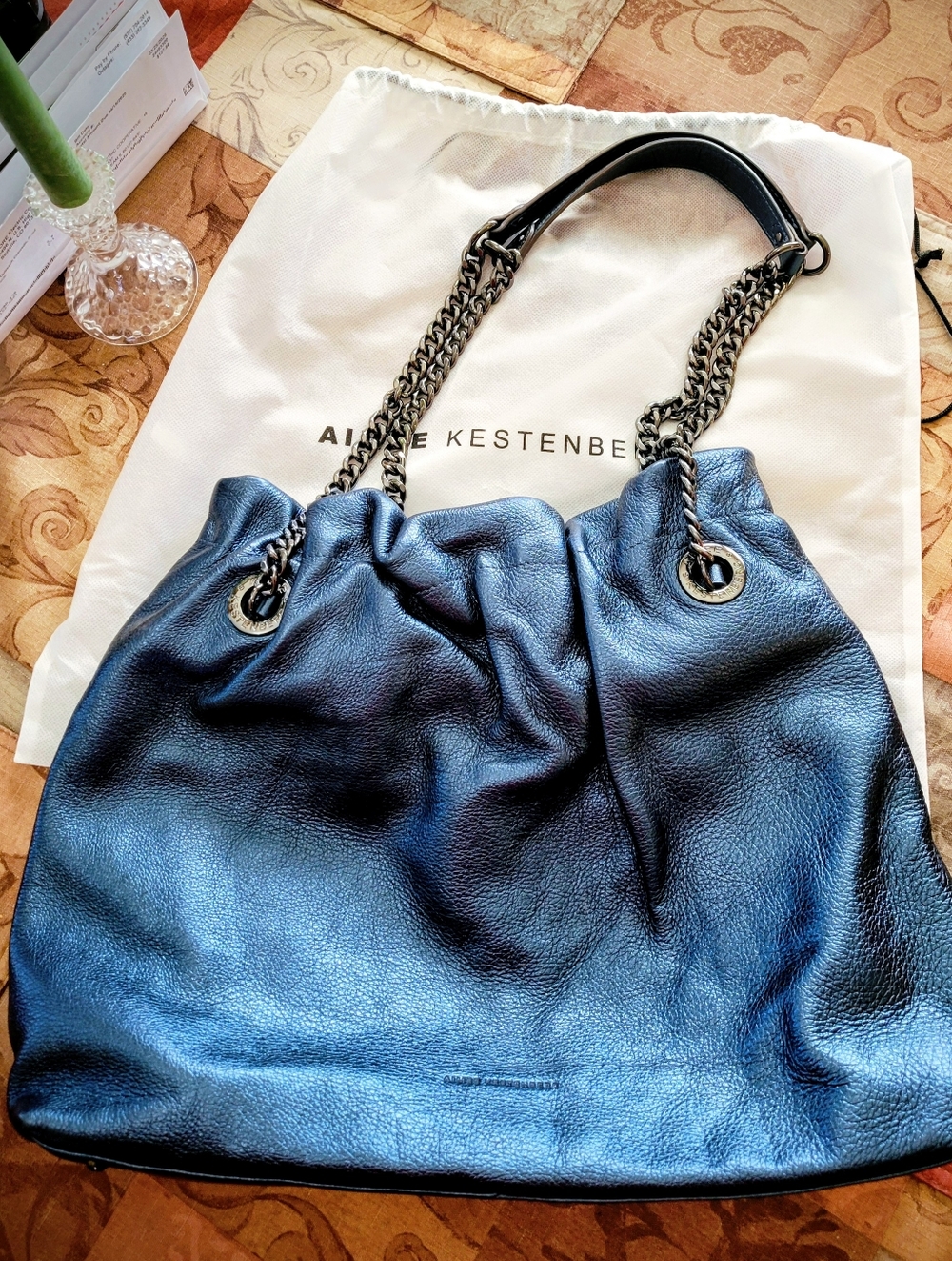 Classic Metalic Navy Genuion Leather Chain-Handle Women’s Tote